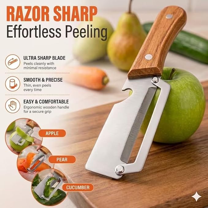 2-Pack Vegetable Peeler with Bottle Opener, Thickened Stainless Steel Wide Blade for Smooth Peeling, Wooden Handle Kitchen Peeler for Fruits & Vegetables
