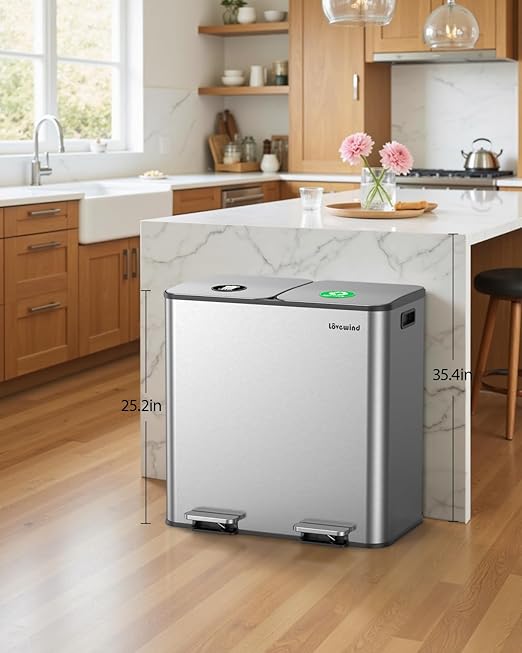 Lovewind Trash Can, 2 x 10.5 Gallon (2 x 40 L) Garbage Can for Kitchen Dual Compartment Recycling Kitchen Step Trash Bin, Stainless Steel Trash and Recycle Bin Combo with Soft-Close Lid, Silver - Image 2
