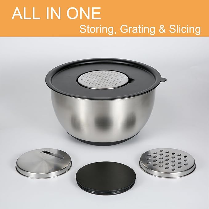 GreatChef Mixing Bowls Stainless Steel Set of 9-1.5, 3.0, 5QT Bowl and Graters, with Airtight Lids, Non-slip Base, Metal Nesting, Storage, Salad, Baking, Elegance in Every Mix & Serving - Image 3