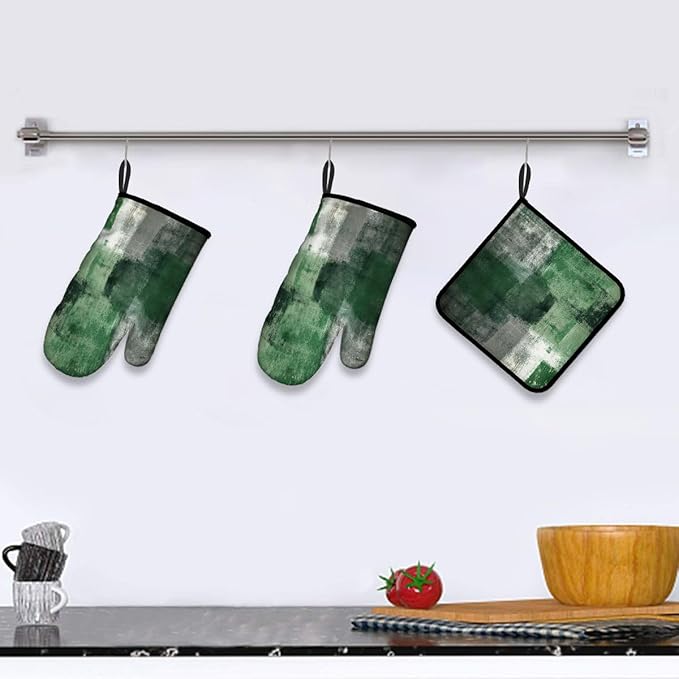 LOKMU Oven Mitts and Pot Holders Set of 3, Emerald Green and Grey White Abstract Art Heat Resistant Kitchen Gloves Hot Pads for Cooking Baking BBQ, Kitchen Decor Gifts for Cooking Lover Cooks