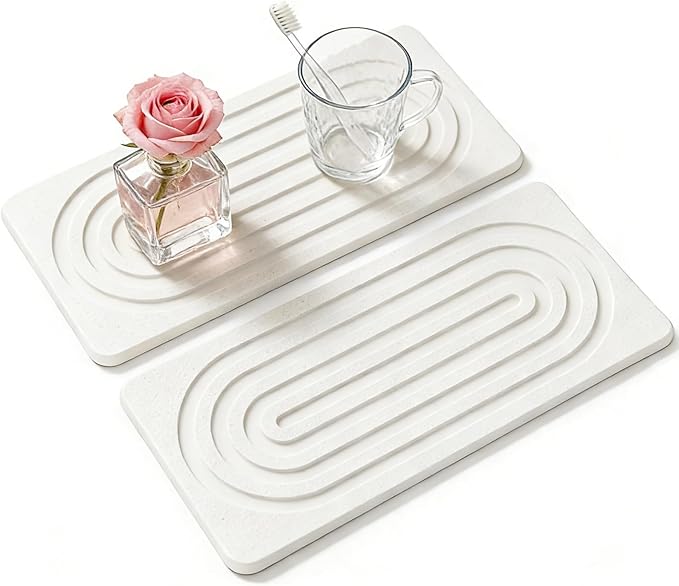 2 PCS Water Absorbing Diatomite Coasters, Stone Drying Mat for Kitchen Counter, Quick Dry Stone Mat Trays for Bathroom Kitchen Counter, Soap Dish Tray Used for Hand Soaps (White, 8.3" x 4") by Unknown