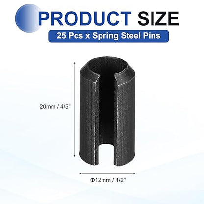MECCANIXITY 25Pcs Slotted Split Roll Pins 1/2 Inch(12mm) Dia. 4/5 Inch(20mm) Length 65Mn Steel Spring Tension Expansion Dowels for Secure Fastening, Black