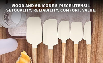 Ptanexx 5-Pcs Wooden Handle Silicone Spatula Set - Heat Resistant up to 428°F.Baking Spatulas for Batter Mixing, Cooking, Jar Scraping, Frosting & More | BPA FREE Gadgets for Non-Stick Cookware