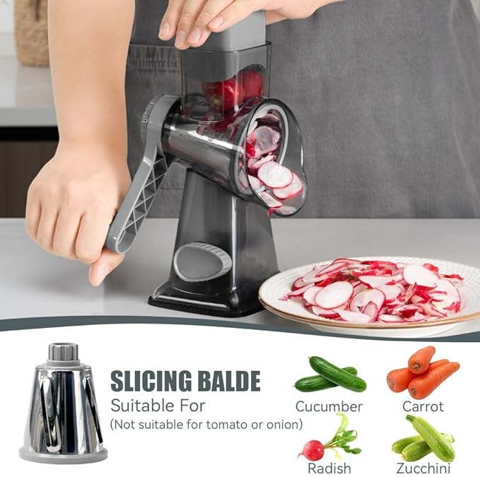 KEOUKE Rotary Cheese Grater Hand Crank Transparent - Shredder Slicer Grinder 3 Stainless Steel Blades, Stable Suction, Labor-Saving Handle, Safe Kitchen Tool for Cheese, Vegetable, Nuts, Chocolate - Image 4