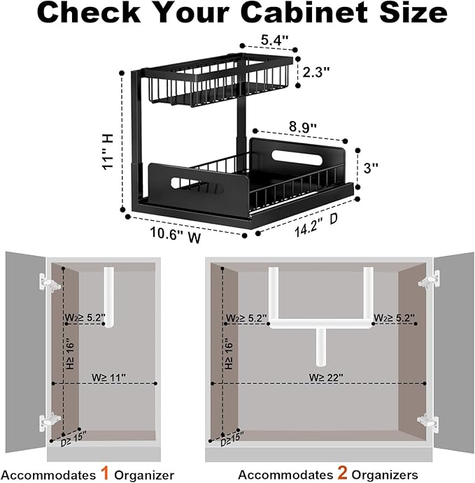 REALINN Under Sink Organizer, L-Shaped 2 Tier Pull Out Cabinet Organizer for Kitchen and Bathroom, Slide Out Under Cabinet Storage, Metal Under Sink Storage with Sliding Drawer, 50 lbs, Black 2 Pack - Image 2