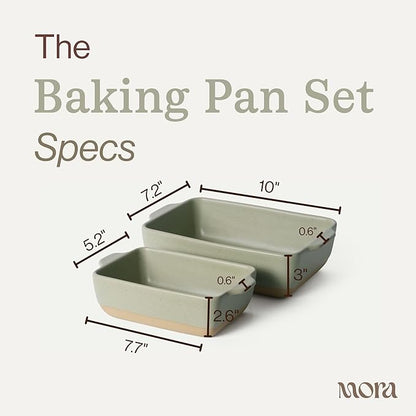 Mora Ceramic Set of 2 Baking Dishes For Casserole, Banana Bread, Brownies, Broiling, Roasting, and Baking. 7x11 in and Loaf Pans - Porcelain Serving Bakeware from Oven to Table. Freezer Safe - Thyme - Image 2