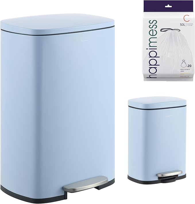 happimess HPM1006H Connor Rectangular 13-Gallon Trash Can with Soft-Close Lid and Free Mini Trash Can, Fingerprint Resistant, Modern, Minimalistic for Home, Kitchen, Office, Bathroom, Tide Pool Blue by Happimess