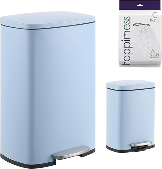 happimess HPM1006H Connor Rectangular 13-Gallon Trash Can with Soft-Close Lid and Free Mini Trash Can, Fingerprint Resistant, Modern, Minimalistic for Home, Kitchen, Office, Bathroom, Tide Pool Blue by Happimess