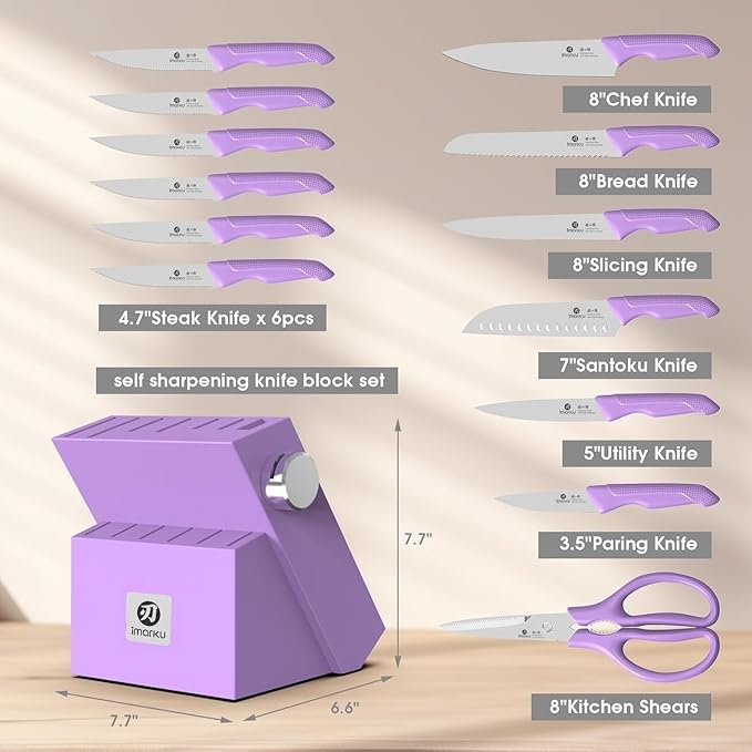 imarku® Kitchen Knife Set, Sharp Knives Set with Built-in Sharpener, Stainless Steel Block Knife Set and Non-Slip Ergonomic Handle, Dishwasher Safe, 14 PCS Professional Knife Set for Gift, Lavender - Image 6