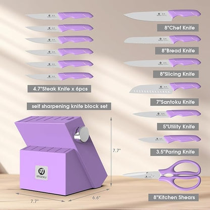 imarku® Kitchen Knife Set, Sharp Knives Set with Built-in Sharpener, Stainless Steel Block Knife Set and Non-Slip Ergonomic Handle, Dishwasher Safe, 14 PCS Professional Knife Set for Gift, Lavender - Image 6