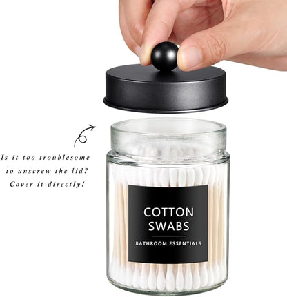 SheeChung 2-Pack Qtip Holder Dispenser - Glass Apothecary Jars with Rust-Proof Stainless Steel Lids - Modern Farmhouse Bathroom Vanity Organizer for Cotton Swabs, Balls, Pads(Black&Brushed Nickel)