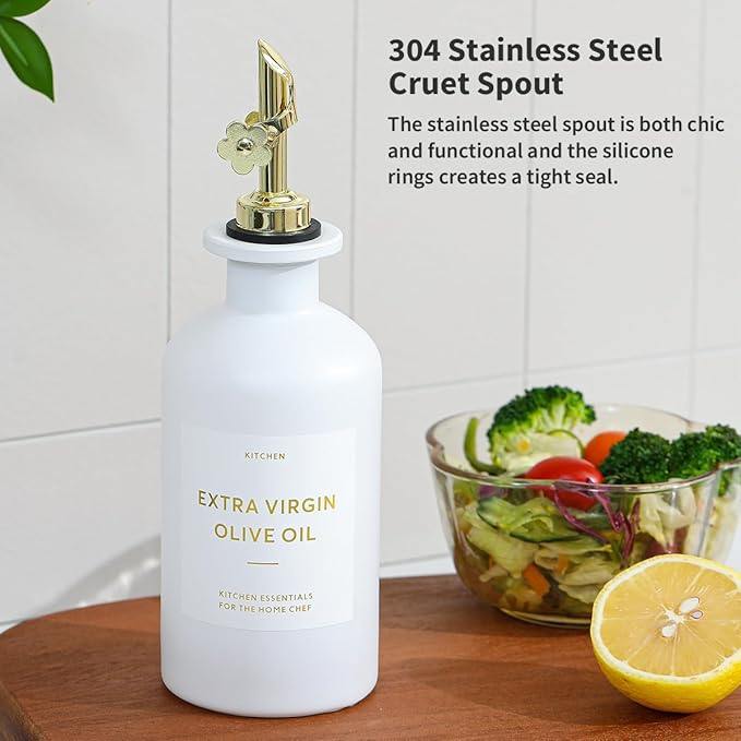 HOMCDALY Olive Oil Dispenser for Kitchen, 11.8oz Glass kitchen Dispenser Bottle, Gold Oil&Vinegar Cruet Set, Leakproof Oil Containers for Cooking| Set of 2 (11.8oz – Gold) - Image 7