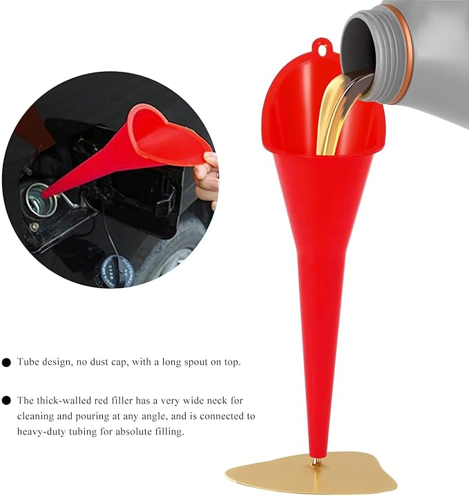 Oil Funnel, Plastic Long Neck Multi-Purpose Spill Saver Funnel, Engine Oil Funnels for Filling Oils Gas Water Diesel Fuel Lubricants for Car Motorcycle ATV Boat (Red-1PCS)