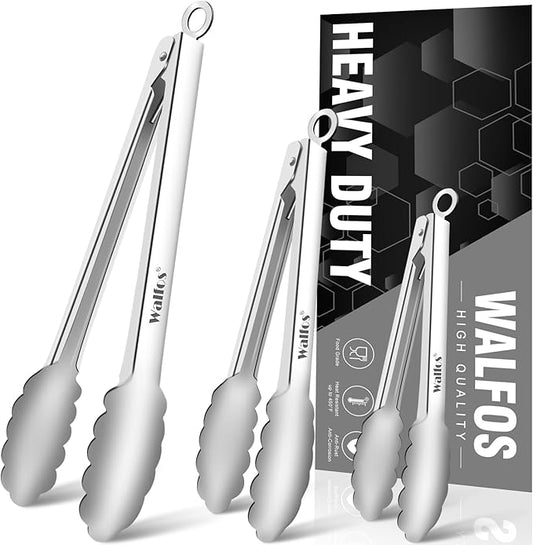 Walfos Kitchen Tongs for Cooking, 600℉ Heat Resistant Stainless Steel Tongs, All Metal Heavy Duty Tongs For Food ,BBQ Grilling - 7 ，9 and 12 Inch ,Set of 3 by Walfos