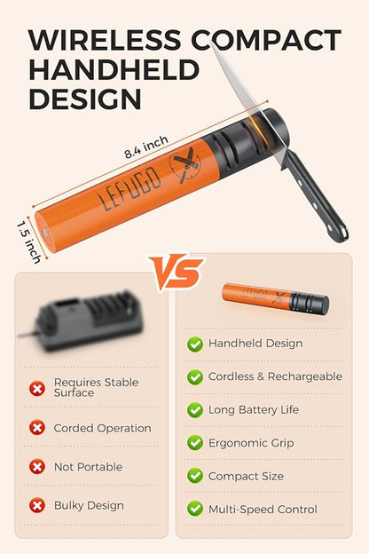 Electric Knife Sharpener, 3 Speed Max 7000RPM Handheld Sharpener for Kitchen Knives, Electric Knife Sharpening Tool of Portable Cordless Rechargeable 2000mAh (Orange) - Image 3