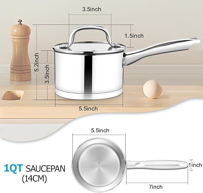 TeamFar 1 qt Saucepan, Stainless Steel Small Sauce Pan & Lid with Tri-ply Bottom for Cooking/Boiling/Stewing, For Induction/Gas/Electric, Non-Toxic & Heavy Duty, Straight Side & Dishwasher Safe - Image 2