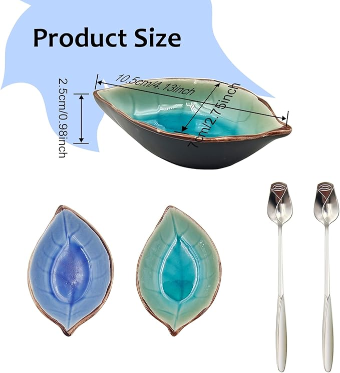 2 Pack Coffee Spoon and Leaf Rest Set, Ice Cracks Leaf Ladle Holder, Tea Spoon Rest for Kitchen Counter, Dining Table, Coffee Bar Teaspoon Rest with Spoon (Lake blue and Sapphire) - Image 2