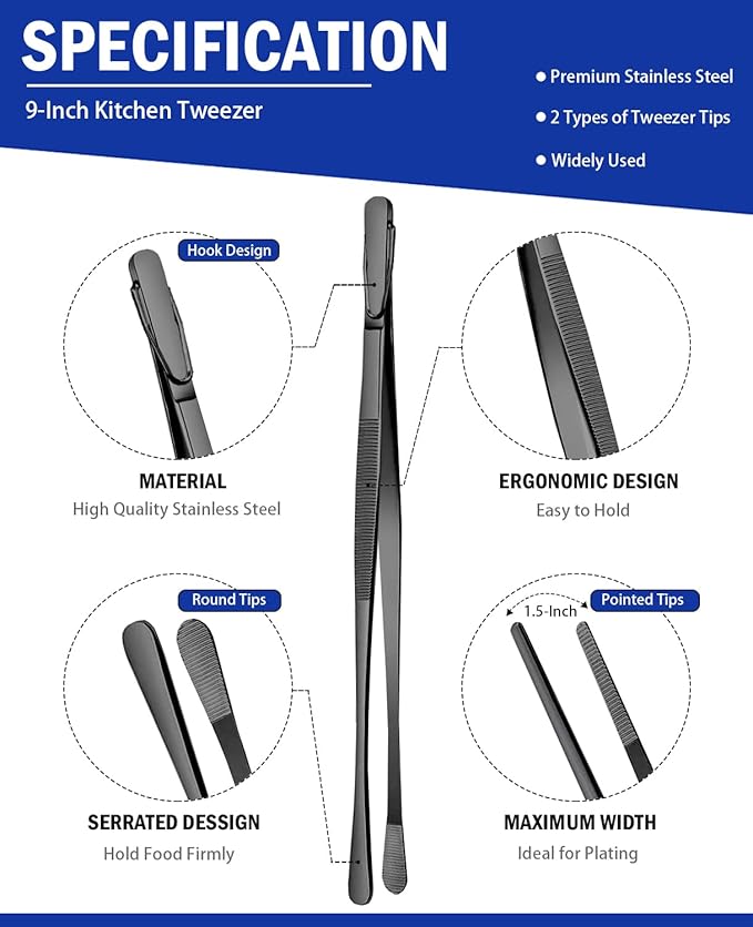 JETKONG 2 Pcs 9-Inch Food Tweezer Tongs, Stainless Steel Kitchen Tweezer Cooking Tweezers (Black) - Image 2