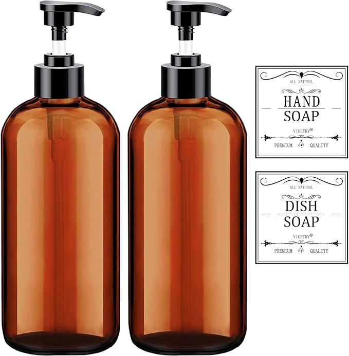 Soap Dispenser with Rust Proof Pump, Waterproof Labels (2 Pack,16 Oz) Bathroom, Plastic Hand Dish Soap Dispenser for Kitchen, Premium Thick Soap Pump Bottles (Amber) by XLENT