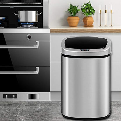 Dkeli Kitchen Trash Can for Bathroom Bedroom Home Office Automatic Touch Free High-Capacity Garbage Can with Lid 13 Gallon / 50L Brushed Stainless Steel Trash Bin