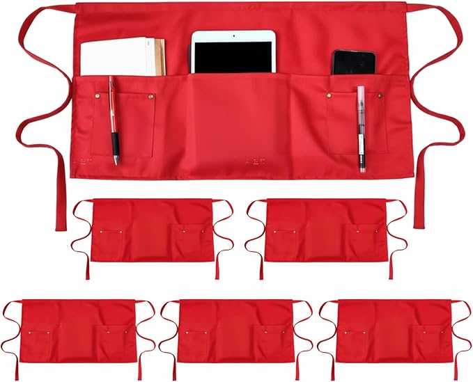 TiwerlfeServer Waist Aprons with 5 Pockets - 11.5 Inch Waterdrop & Oil Resistant Waitress Waiter Half Apron
