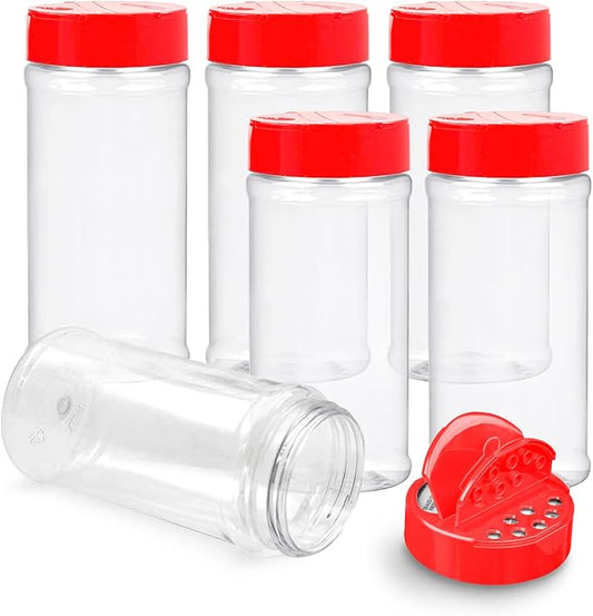 RoyalHouse 6 Pack 16 Oz Plastic Spice Jars with Red Cap, Clear and Safe Plastic Bottle Containers with Shaker Lids for Storing Spice, Herbs and Seasoning Powders, BPA Free, Made in USA by RoyalHouse
