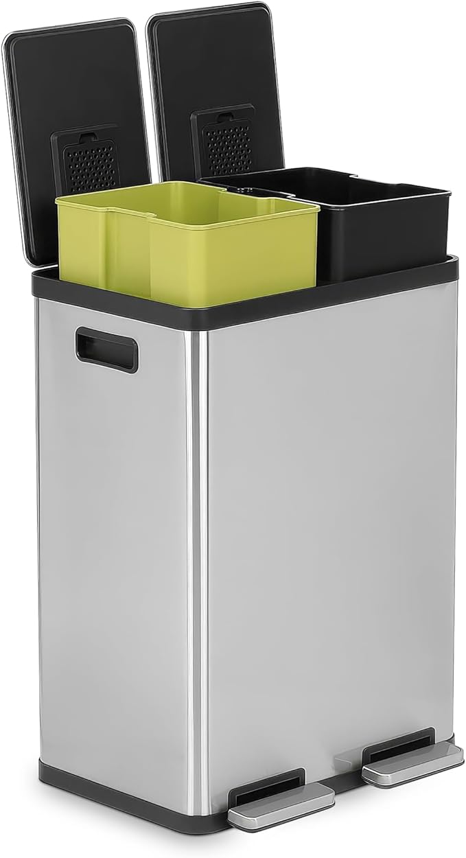 Simpli-Magic 16 Gallon (60L) Dual Compartment Step Trash Can – Kitchen Garbage Can with Waste & Recycling Bins – Slow-Close Lid, Odor Control, Hands-Free, Inner Bases, Premium Stainless Steel by Simpli-Magic