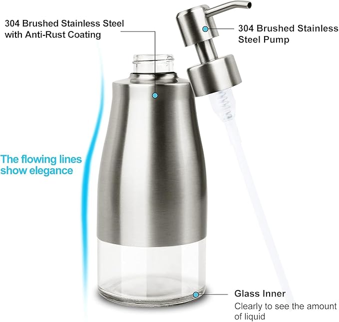AUMIO Soap Dispenser with Non-Slip Silicone Pad, 2 Pack Kitchen Dish Refillable Liquid Dispensers, Hand Soap Dispenser for Bathroom, Stainless Steel Case Glass Liner Hand Pump Dispenser Silver & Black - Image 7