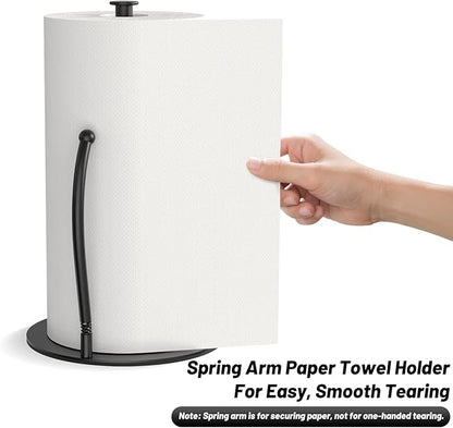 VEHHE Paper Towel Holder Countertop with Spring Arm, EVA Non-Slip Base, Freestanding Paper Towel Holder for Kitchen Bathroom (Black)