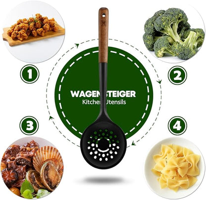 WAGENSTEIGER Silicon Cooking Skimmer Ladle with Wooden Handle: Slotted Cooking Spoon for Deep Frying Food, Food Separator, Heat Resistant, BPA Free, Gentle Head Design for Non-Stick Cookware