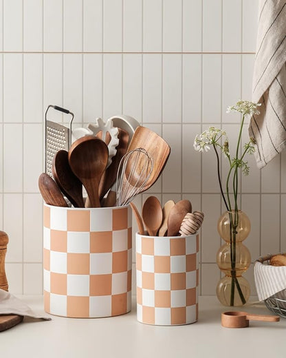 Utensil Holder，7.2 Inch Checkered Utensil Holder, Ceramic Cooking Utensil Spoon/Spatula Holder for Countertop, Kitchen Decor and Accessories, Brown - Image 4