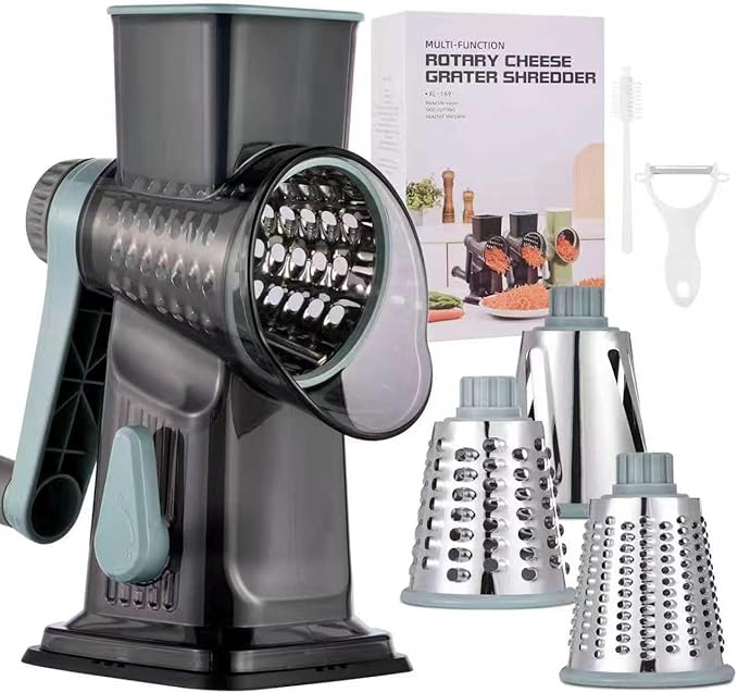 Rotary Cheese Grater with Handle Kitchen Shredder Slicer Grater Slicer Ice Shaver Cheese Vegetable Nuts Potato Zucchini Chocolate 3 Interchangeable Blades (GreyBlue) by Ziweaye