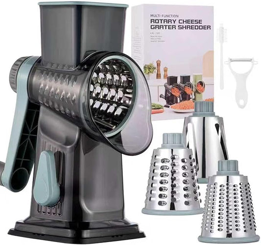 Rotary Cheese Grater with Handle Kitchen Shredder Slicer Grater Slicer Ice Shaver Cheese Vegetable Nuts Potato Zucchini Chocolate 3 Interchangeable Blades (GreyBlue) by Ziweaye