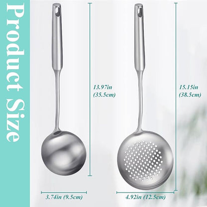 Soup Ladle and Slotted Spoon Set of 2, Metal 316 Stainless Steel Kitchen Ladles Food Strainer, Large Cooking Ladel and Fryer Scoop Kitchen Utensil Set for Stirring Serving Draining Frying