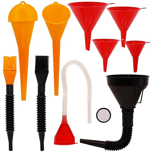 Funnels for Automotive Use Set of 10, Plastic Oil Funnel Set for Gasoline and Coolant, Fuel Funnel with Flexible Hose for Car, Large Funnels for Gas Transfer by KongNai