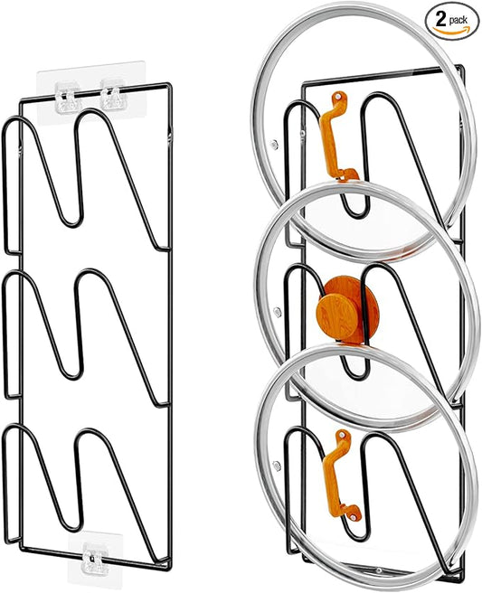 Durmmur 2 Pack Pot Lid Organizer Rack, 6-Tier Pot Lids Holder for Cabinet Door/Wall, No Drilling Adhesive Wall/Door Mounted Rustproof Pot and Pan Cover for Kitchen Storage, Classic Black by Durmmur