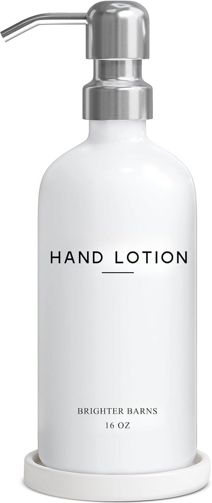 White Glass Lotion Dispenser with Pump Bathroom Set by Brighter Barns - Hand Lotion Dispenser Set with Tray - Modern Bathroom Accessories for Guest House, Hotel, Spa, Restaurant, Airbnb, Gift (White) by BrighterBarns