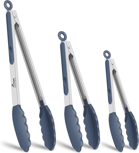 HOTEC Premium Stainless Steel Locking Kitchen Tongs with Silicon Tips, Set of 3-7", 9" and 12" (Dusty Blue) by Hotec