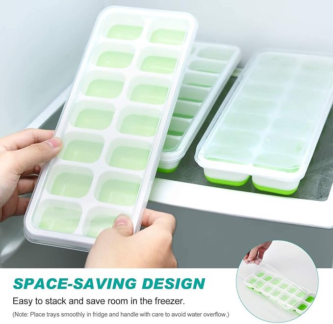 Ice Cube Tray with Lids BPA Free, 4 Pack - 56 Ice Flexible Easy Release Silicone Ice Tray for Freezer Stackable No Spill Ice Tray Dishwasher Safe for Cocktail, Whiskey, Fruit, Blue & Green