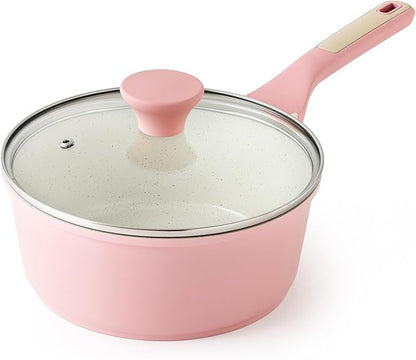 SENSARTE Ceramic Nonstick Saucepan with Lid 2.0 Quarts, Small Kitchen Cooking Pot with Stay Cool Handle, Induction Compatible, Ceramic Coating, Free of Intentionally Added PTFE/PFOA/PFAS, Sakura Pink