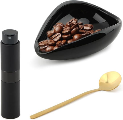 Coffee Bean Dosing Cup,Wood/Ceramic Coffee Dosing Tray Coffees Bean Weighing Tray Weigh Coffees Beans Container,with Spray Bottle Measuring Spoon For Coffe e Or Tea by Unknown