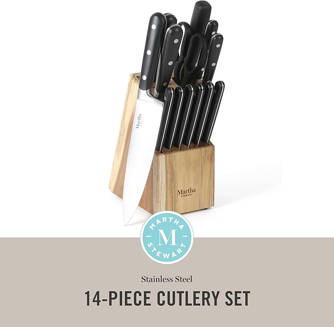 Martha Stewart Eastwalk 14 Piece High Carbon Stainless Steel Cutlery Knife Block Set w/ABS Triple Riveted Forged Handle Acacia Wood Block - Matte Black - Image 2