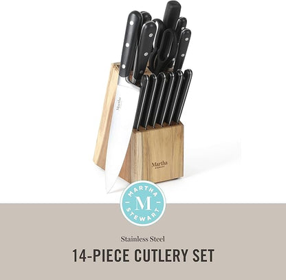 Martha Stewart Eastwalk 14 Piece High Carbon Stainless Steel Cutlery Knife Block Set w/ABS Triple Riveted Forged Handle Acacia Wood Block - Matte Black - Image 2