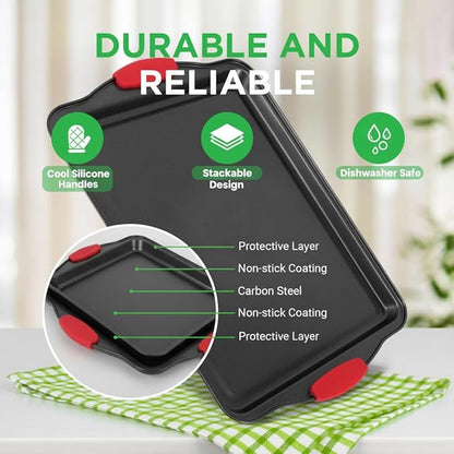 NutriChef 3-Piece Cookie Sheets for Baking, Non-Stick Baking Pans Set with Silicone Handles, Stackable Oven Trays in Small, Medium & Large Sizes for Professional and Everyday Use, 2026 Edition - Image 3