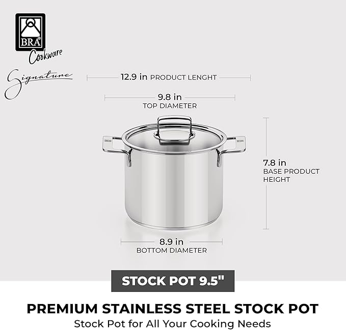BRA COOKWARE Signature Stainless Steel Stock Pot w/Glass Lid | 9.5 Inch 9 Quart Professional Grade Cooking Pot | PFOA Free Deep Pot | All Cooktops | All Cooktops (incl. Induction) & Oven Safe