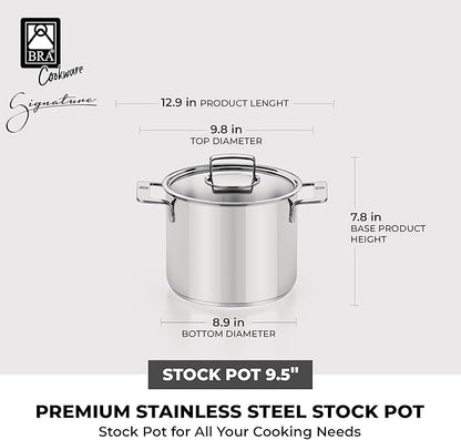 BRA COOKWARE Signature Stainless Steel Stock Pot w/Glass Lid | 9.5 Inch 9 Quart Professional Grade Cooking Pot | PFOA Free Deep Pot | All Cooktops | All Cooktops (incl. Induction) & Oven Safe