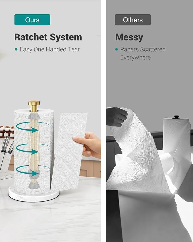 Paper Towel Holder Countertop, Marble Weighted Base, Warm Gold, One-Handed Tear, Freestanding Paper Towel Stand Rack with Ratchet Mechanism for Kitchen Bathroom Essential Decor Accessories - Image 3