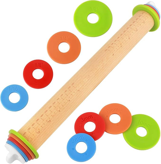 Wood Rolling Pin with Thickness Rings, Adjustable Wooden Rolling Pins for Baking, Dough Roller Pins for Cookie Pastry Tools Cake Baker, Fondant Roller for Decorating Bakery Supplies Kitchen Gadgets by BIDFUL