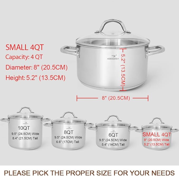 HOMICHEF Small Stock Pot 4 Quart Nickel Free Stainless Steel - Small 4Qt Stockpot With Glass Lid - Soup Pot Cooking Pot 4 Quart - Image 4