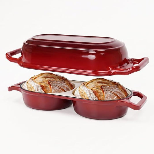 Double Dutch Oven Pot with Lid, Enameled Cast Iron Bread Loaf Pan, Dutch Oven For Sourdough Bread Baking, 500°F Oven Safe Non Stick Dual Round Bread Pan, 16.5cm Diameter Loaf Pans, Red
